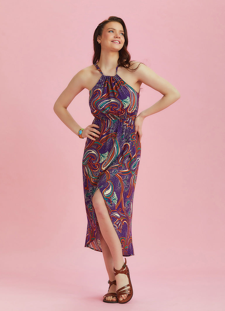 Purple Patterned Halter Neck Summer Dress