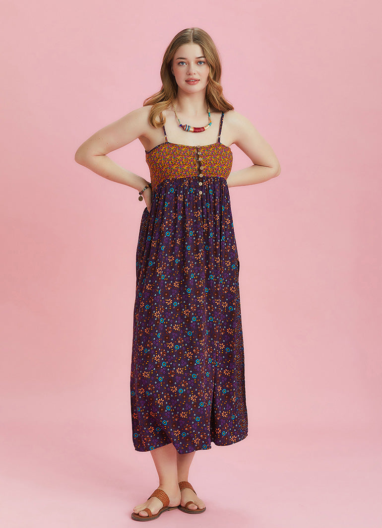 Strappy Button Back Orange Floral Slit Plus Size Dress
