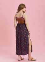Strappy Button Back Orange Floral Slit Plus Size Dress