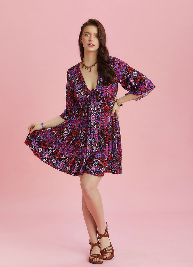 Frill Hem Tie Front Print Short Summer Dress