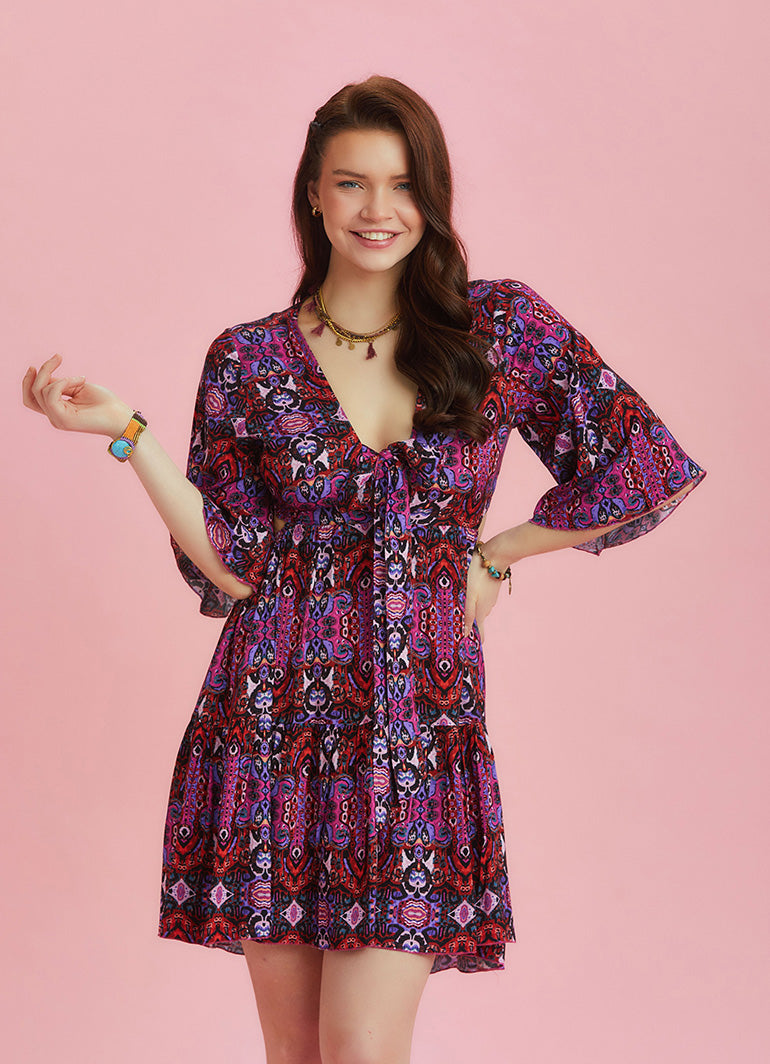 Frill Hem Tie Front Print Short Summer Dress