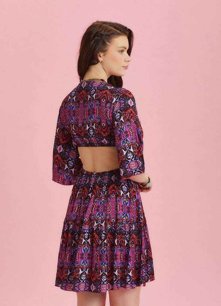 Frill Hem Tie Front Print Short Summer Dress