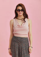 Elastic Hem Sleeveless Pink Cowl Neck Crop Top