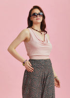 Elastic Hem Sleeveless Pink Cowl Neck Crop Top