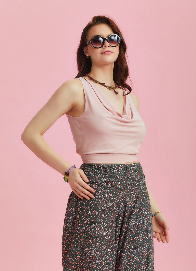 Elastic Hem Sleeveless Pink Cowl Neck Crop Top