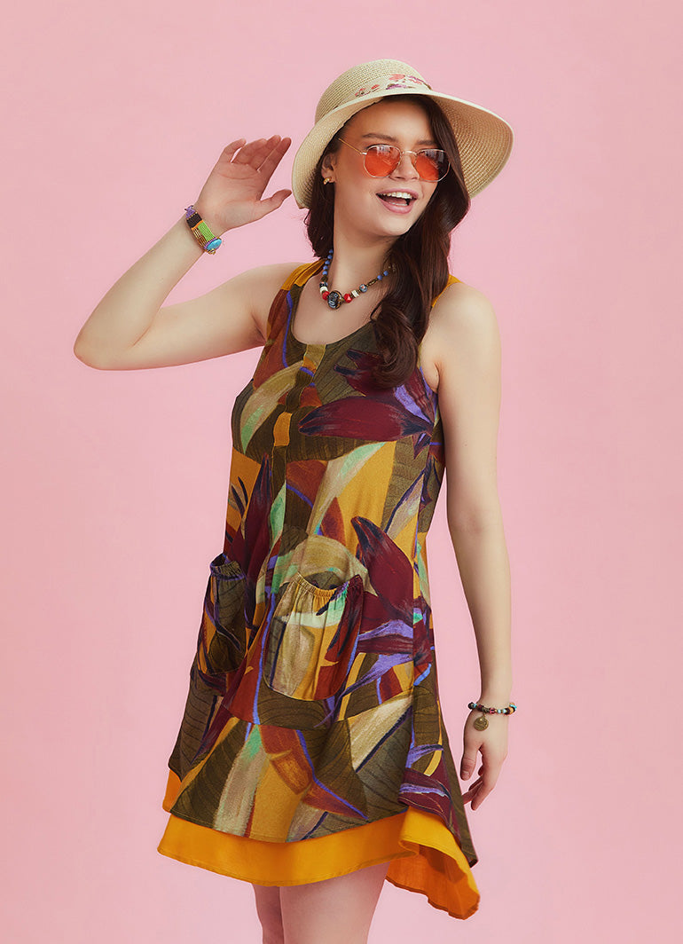 Khaki Print Front Pocket Detail Sundress