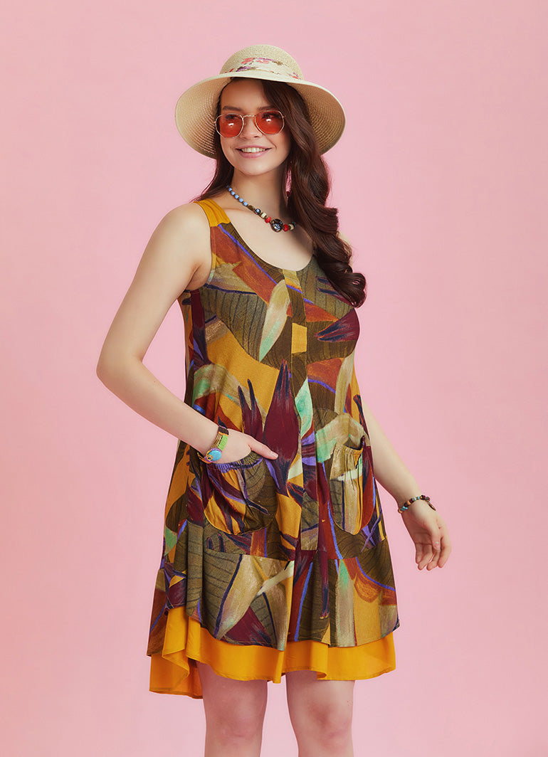 Khaki Print Front Pocket Detail Sundress