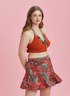 Boho Chic Style Red Print Ruffled Plus Size Skort