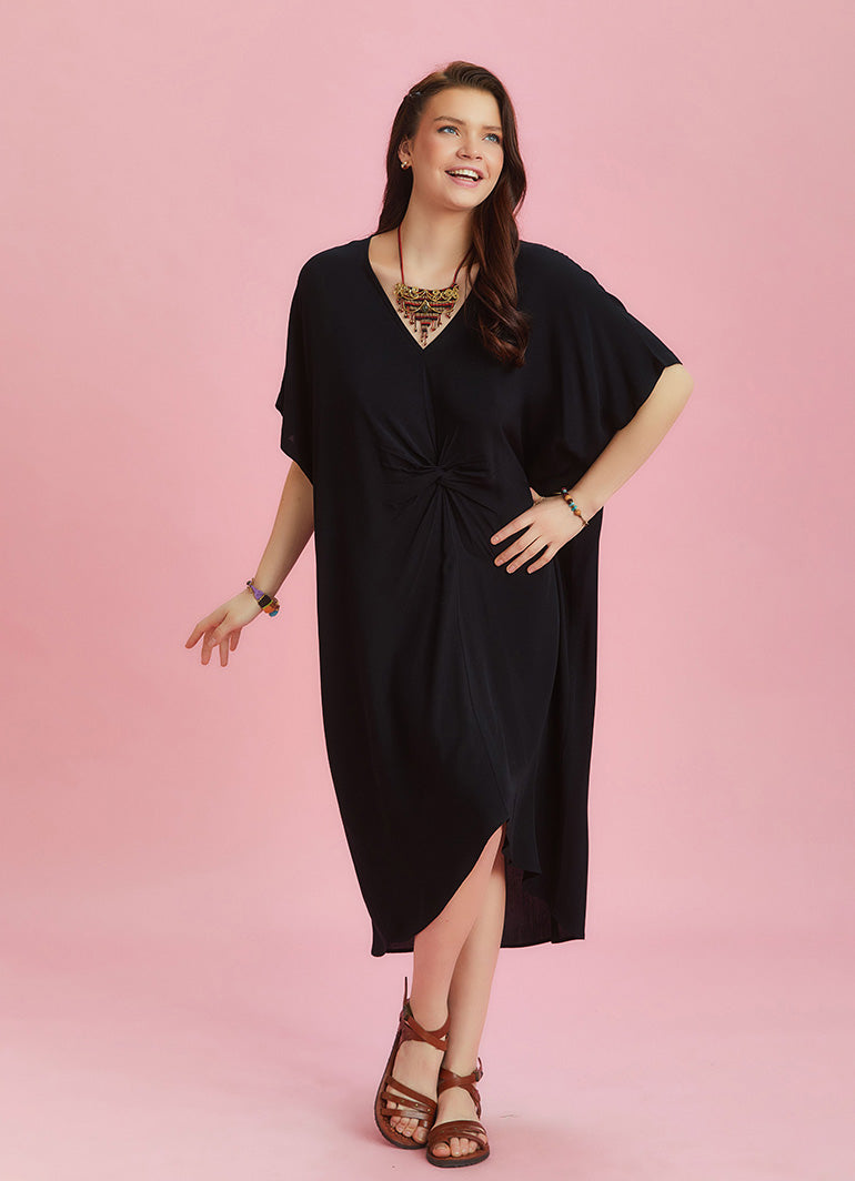 Twist Front Loose Black Bat Wing Dress