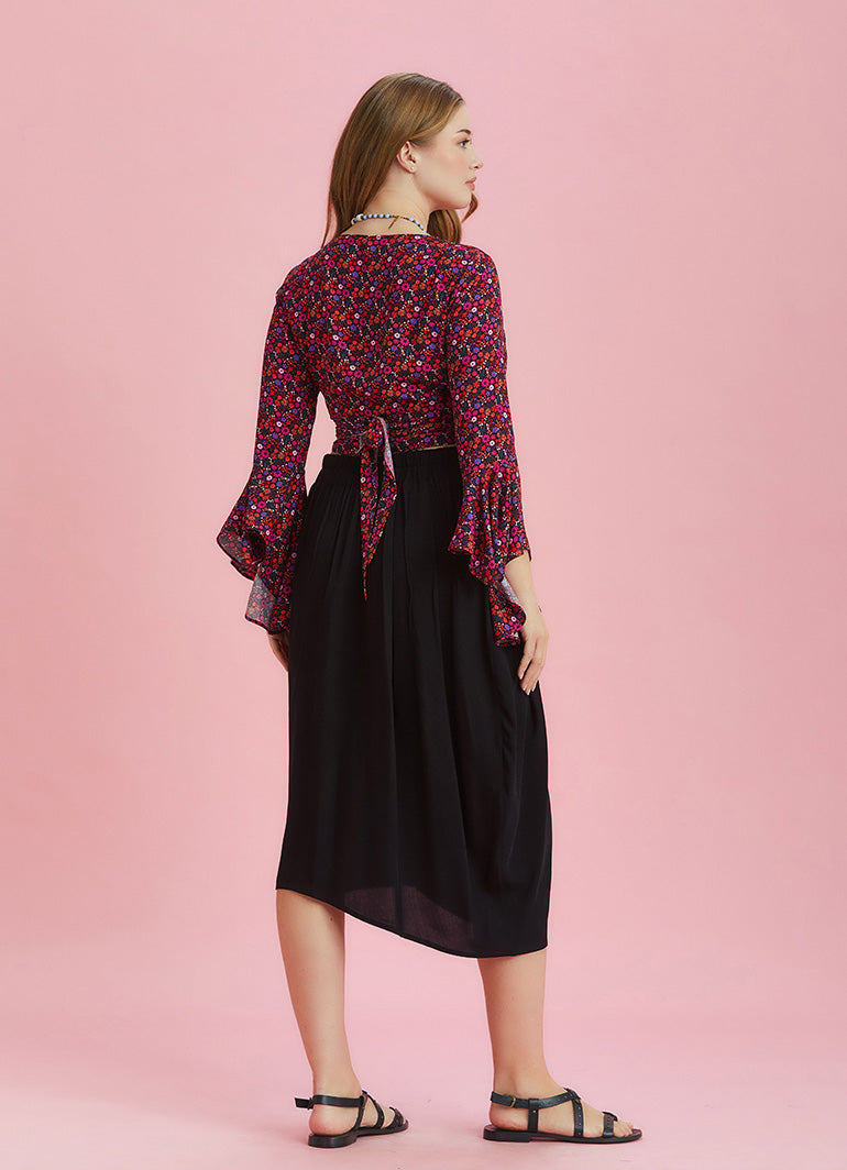 Button Closure Wrap Front Black Plus Size Skirt