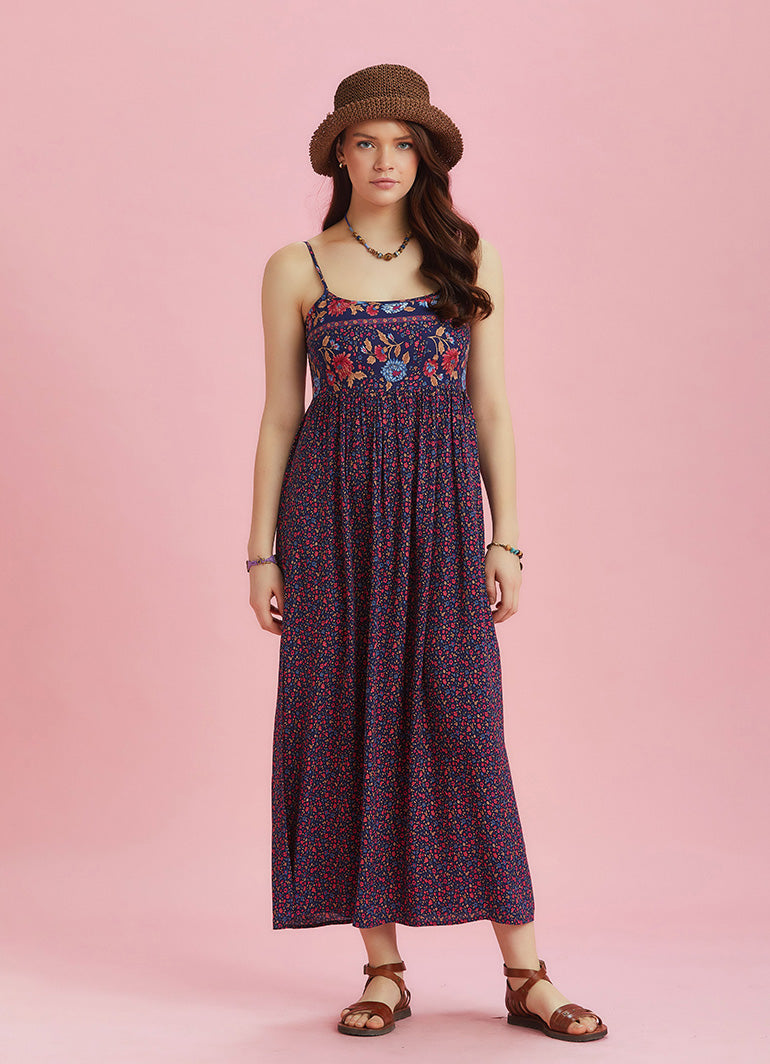Strappy Button Back Pink Floral Slit Dress