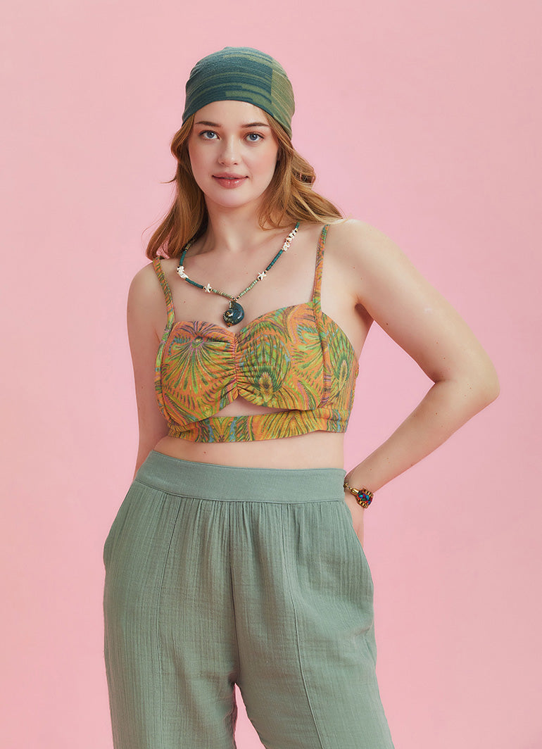 Cut Out Front Detail Cotton Print Plus Size Top
