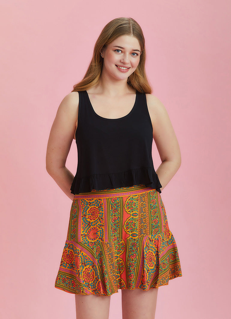 Boho Chic Style Orange Ruffled Plus Size Skort