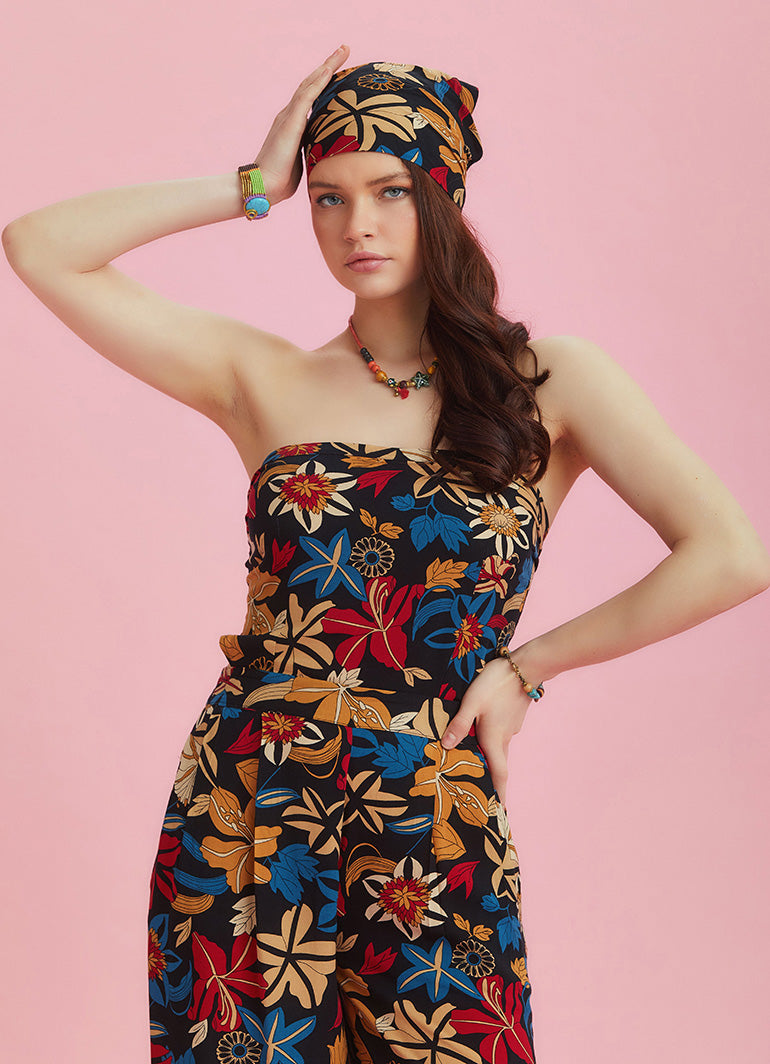 Black Floral Print Wide Leg Strapless Overall