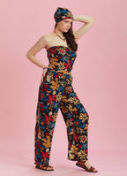 Black Floral Print Wide Leg Strapless Overall
