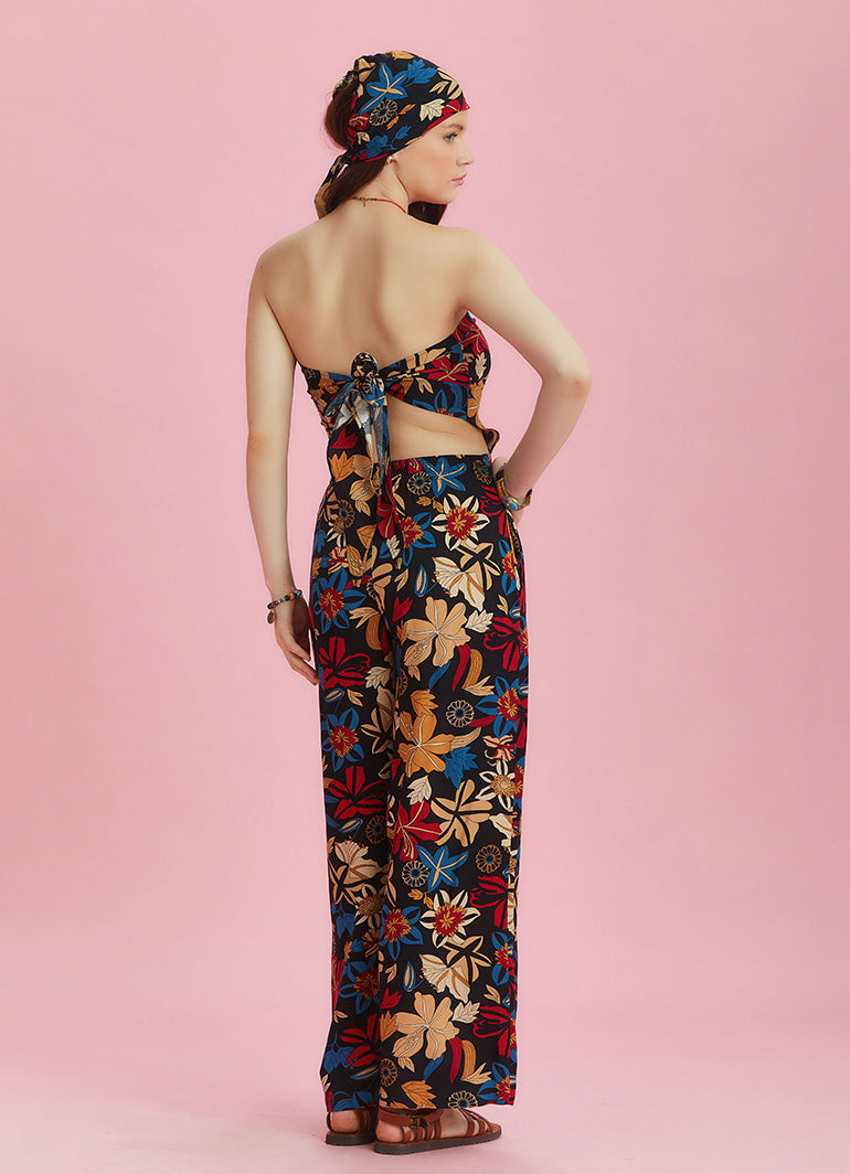 Black Floral Print Wide Leg Strapless Overall