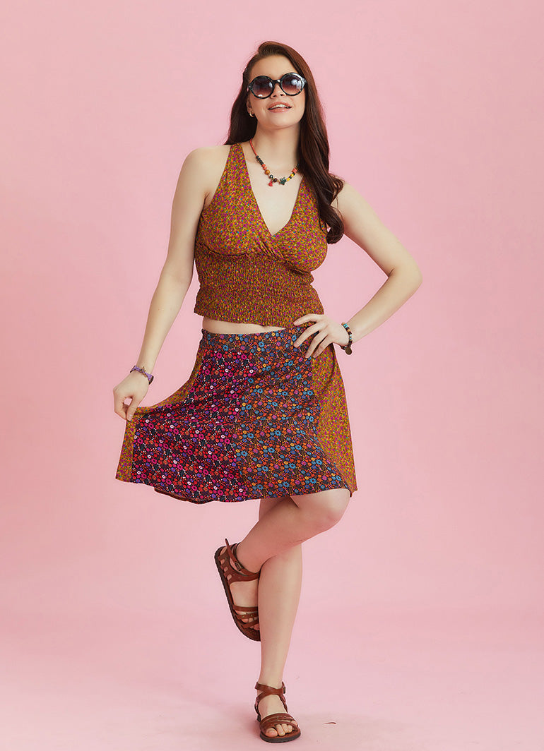 Boho Chic Floral Print Patchwork Mini Skirt
