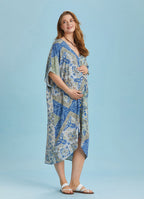 Twist Front Loose Blue Bat Wing Maternity Dress