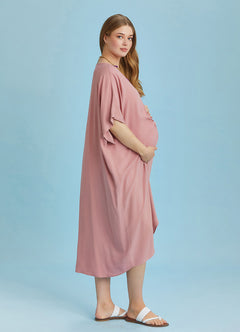 Twist Front Loose Pink Bat Wing Maternity Dress