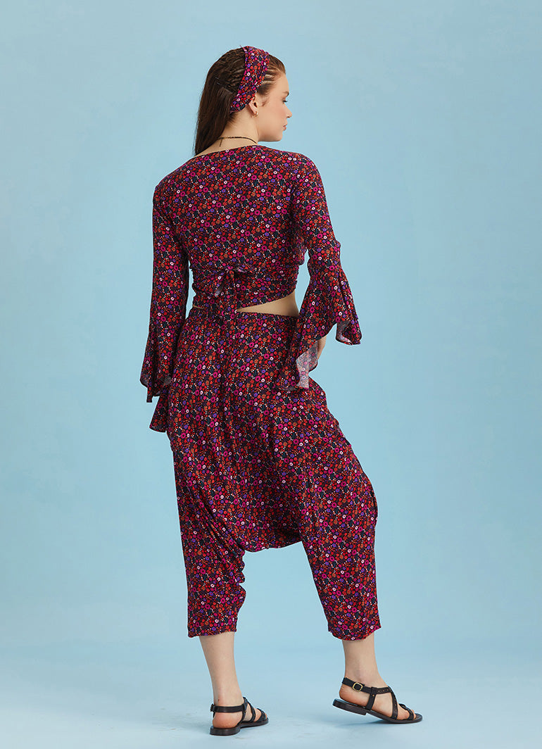 Floral Patterned Elastic Waist Capri Harem Pants