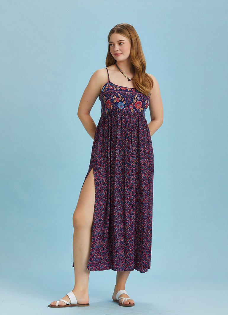 Strappy Button Back Pink Floral Slit Plus Size Dress