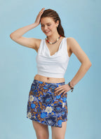 Boho Chic Wrap Front Blue Printed Skort