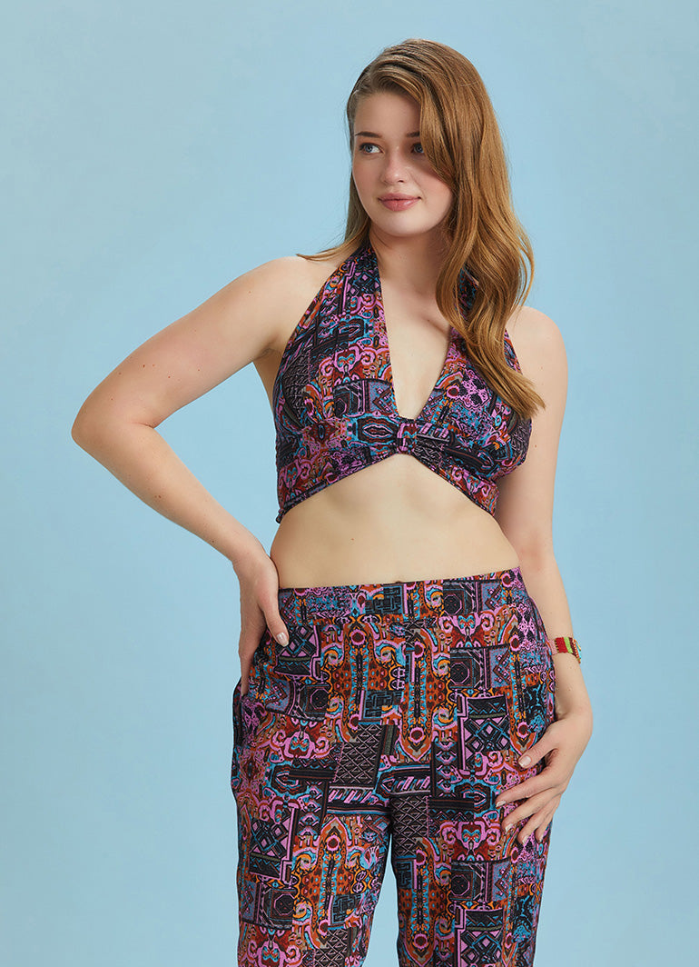 Boho Chic Shirred Back Tie Neck Halter Paterned Plus Size Top