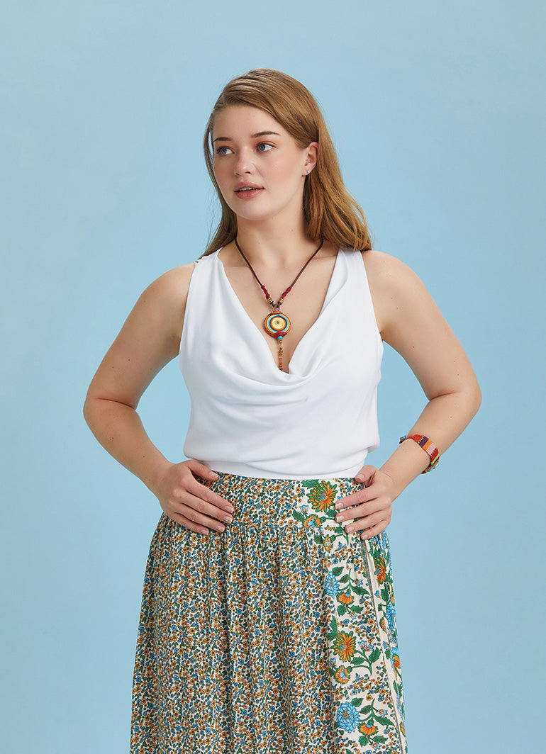 Elastic Hem Sleeveless White Cowl Neck Plus Size Top