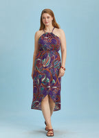 Purple Patterned Halter Neck Plus Size Dress