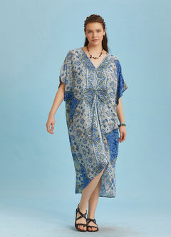 Twist Front Loose Blue Bat Wing Dress