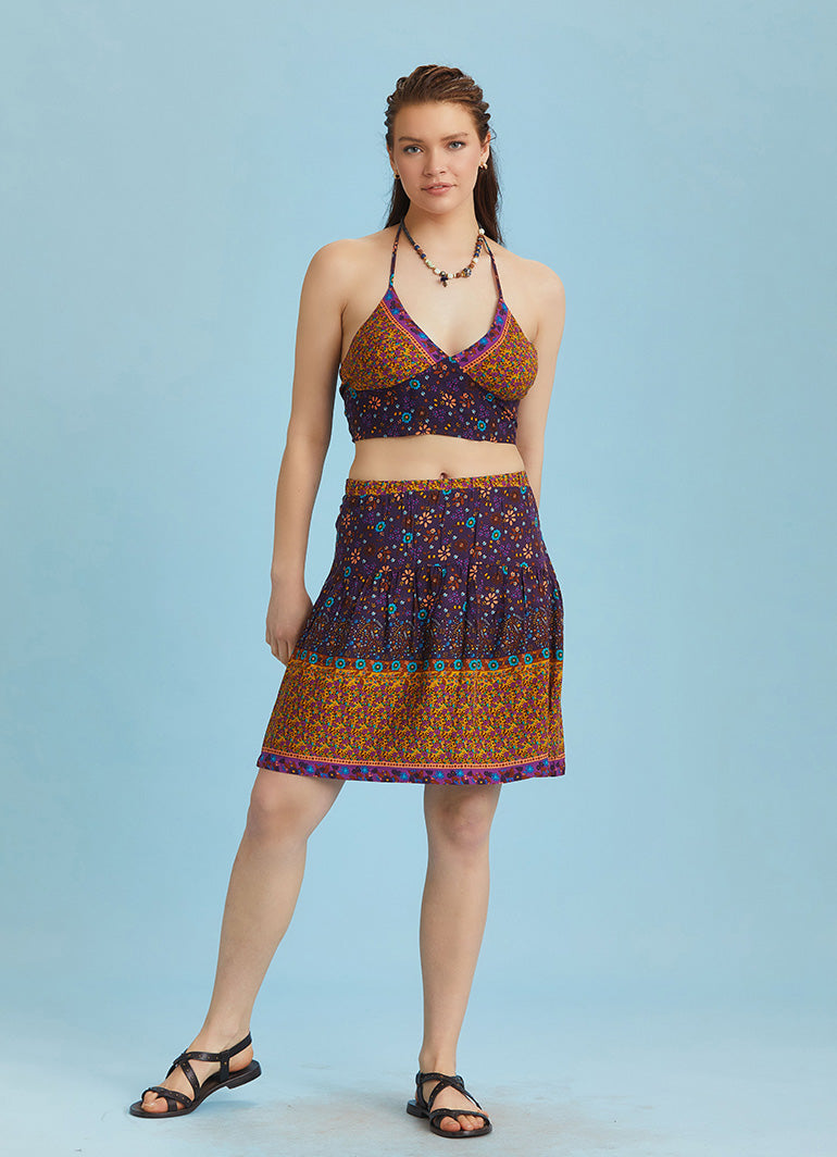 Block Print Elastic Waist Ruffled Hem Pull On Mini Skirt
