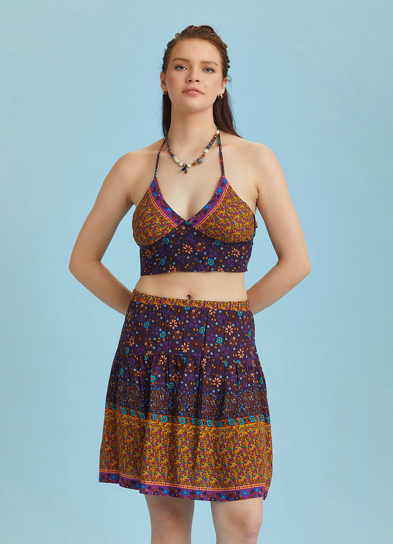 Block Print Elastic Waist Ruffled Hem Pull On Mini Skirt