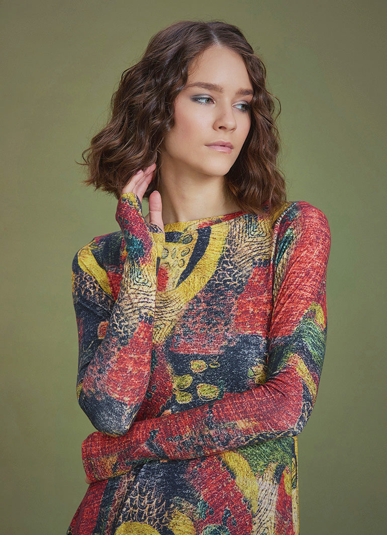 Boat Neck Thumb Hole Side Strings Yellow Pattern Dress