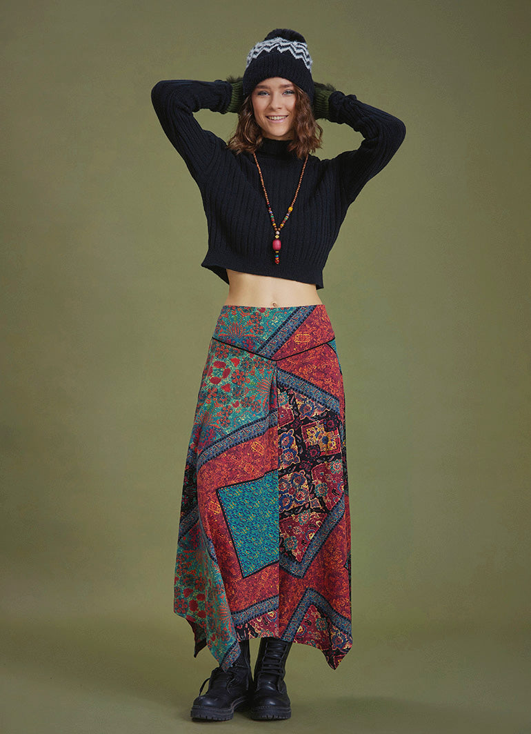 Black Printed Asymmetrical Hem Flared Midi Skirt