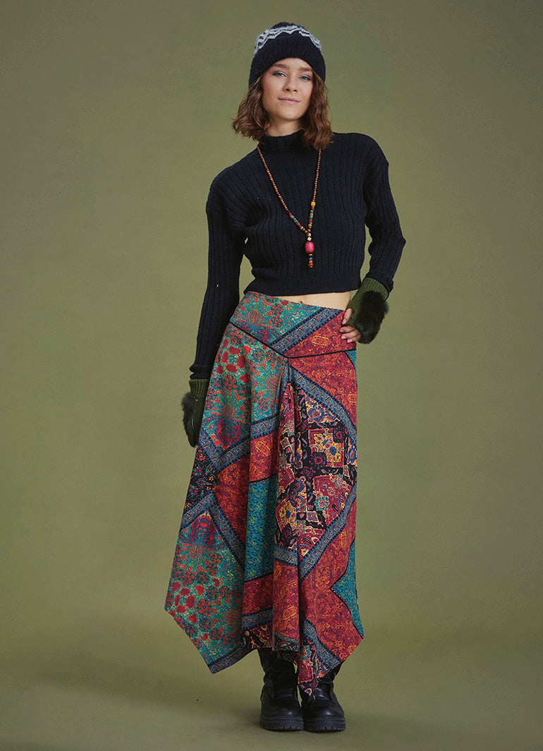 Black Printed Asymmetrical Hem Flared Midi Skirt