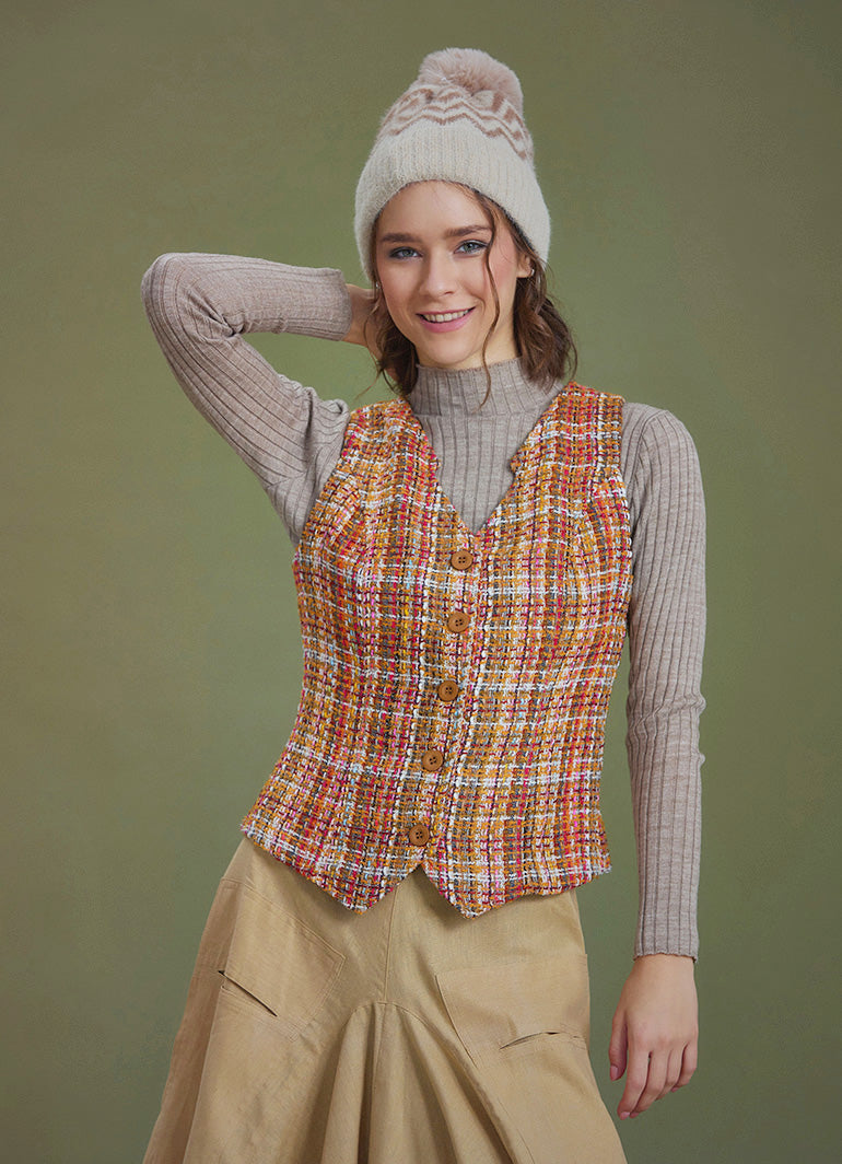 Neckline Button Detailed Slim Fit Orange Vest