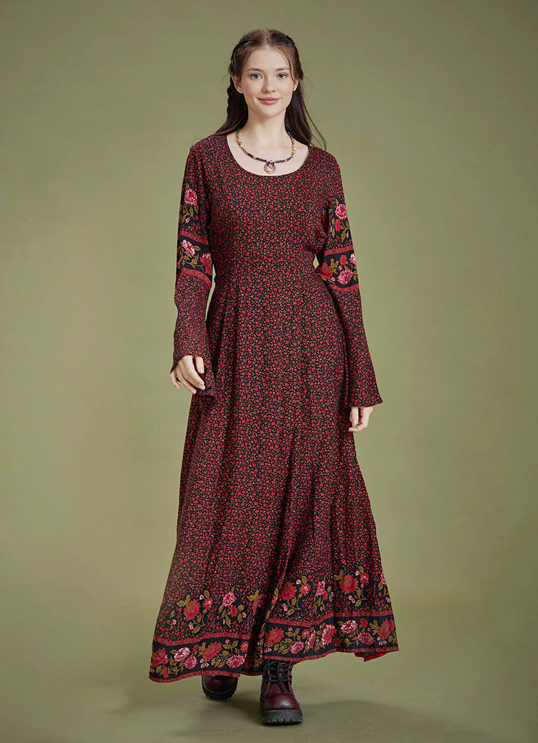 Boat Neck Black Floral Gypsy Style Long Dress