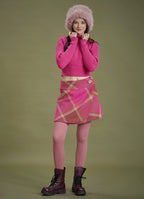 Oversized Button Wrapped Pink Patterned Mini Skirt
