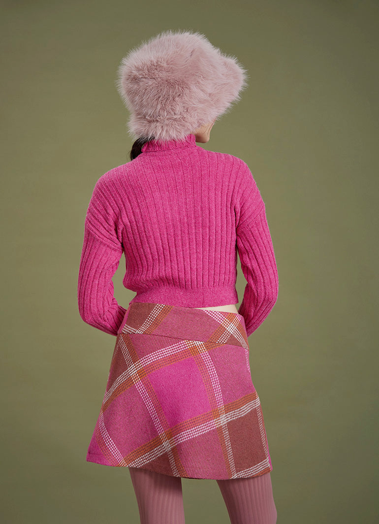 Oversized Button Wrapped Pink Patterned Mini Skirt