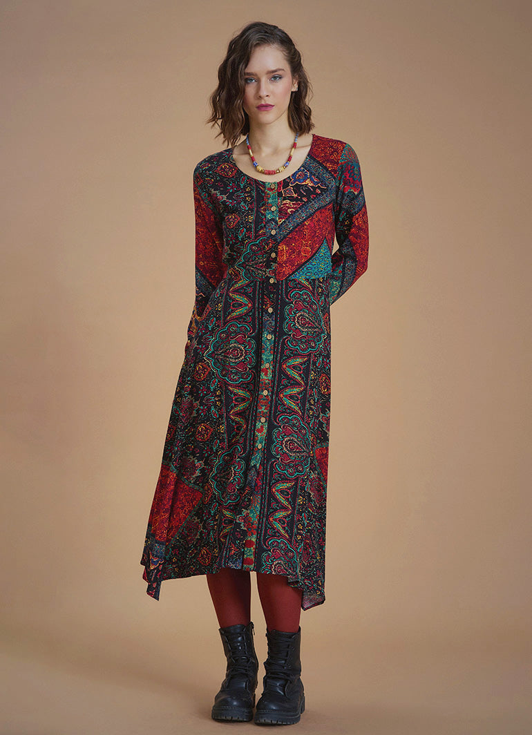 Black Ethnic Print Asymmetrical Hem Detail Bohemian Chic Long Sleeve Dress