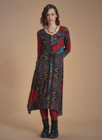 Black Ethnic Print Asymmetrical Hem Detail Bohemian Chic Long Sleeve Dress