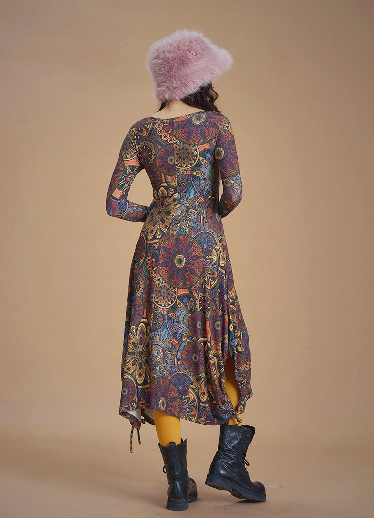Boat Neck Thumb Hole Side Strings Pattern Dress
