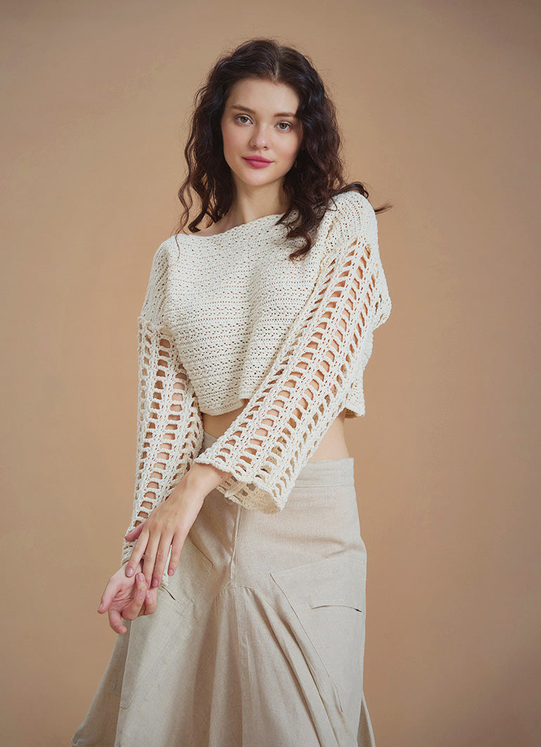 Open Crop Knitted White Sweater