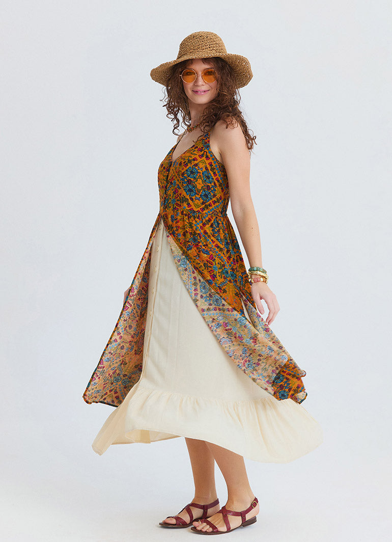 Thin Strapped Double Layered Buttoned Mustard Flower Dress 4908