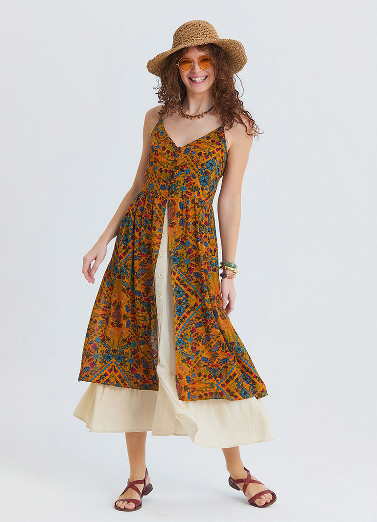 Thin Strapped Double Layered Buttoned Mustard Flower Dress 4908