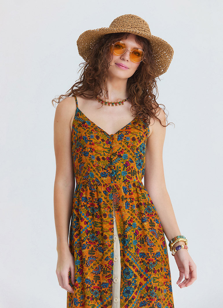 Thin Strapped Double Layered Buttoned Mustard Flower Dress 4908