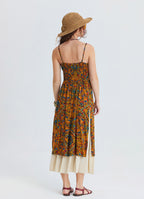 Thin Strapped Double Layered Buttoned Mustard Flower Dress 4908
