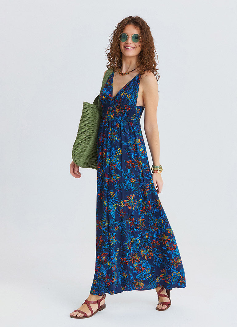 V Neck Gipe Detailed Indigo Floral Dress 4820