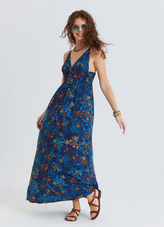 V Neck Gipe Detailed Indigo Floral Dress 4820