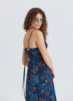V Neck Gipe Detailed Indigo Floral Dress 4820